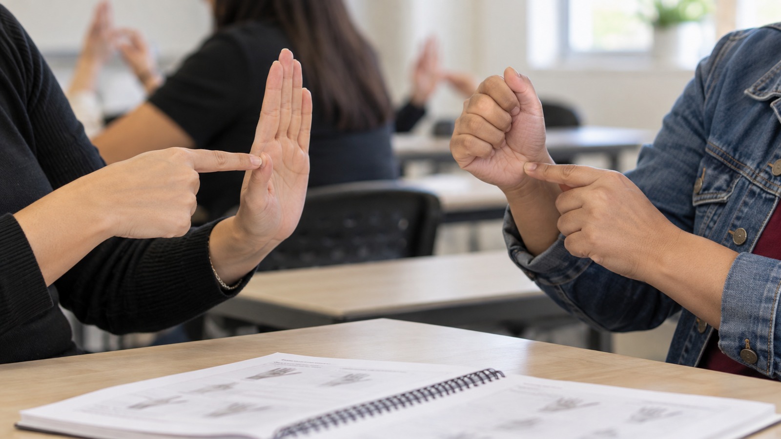 Manos de personas practicando lengua de señas mexicana en un aula de capacitación