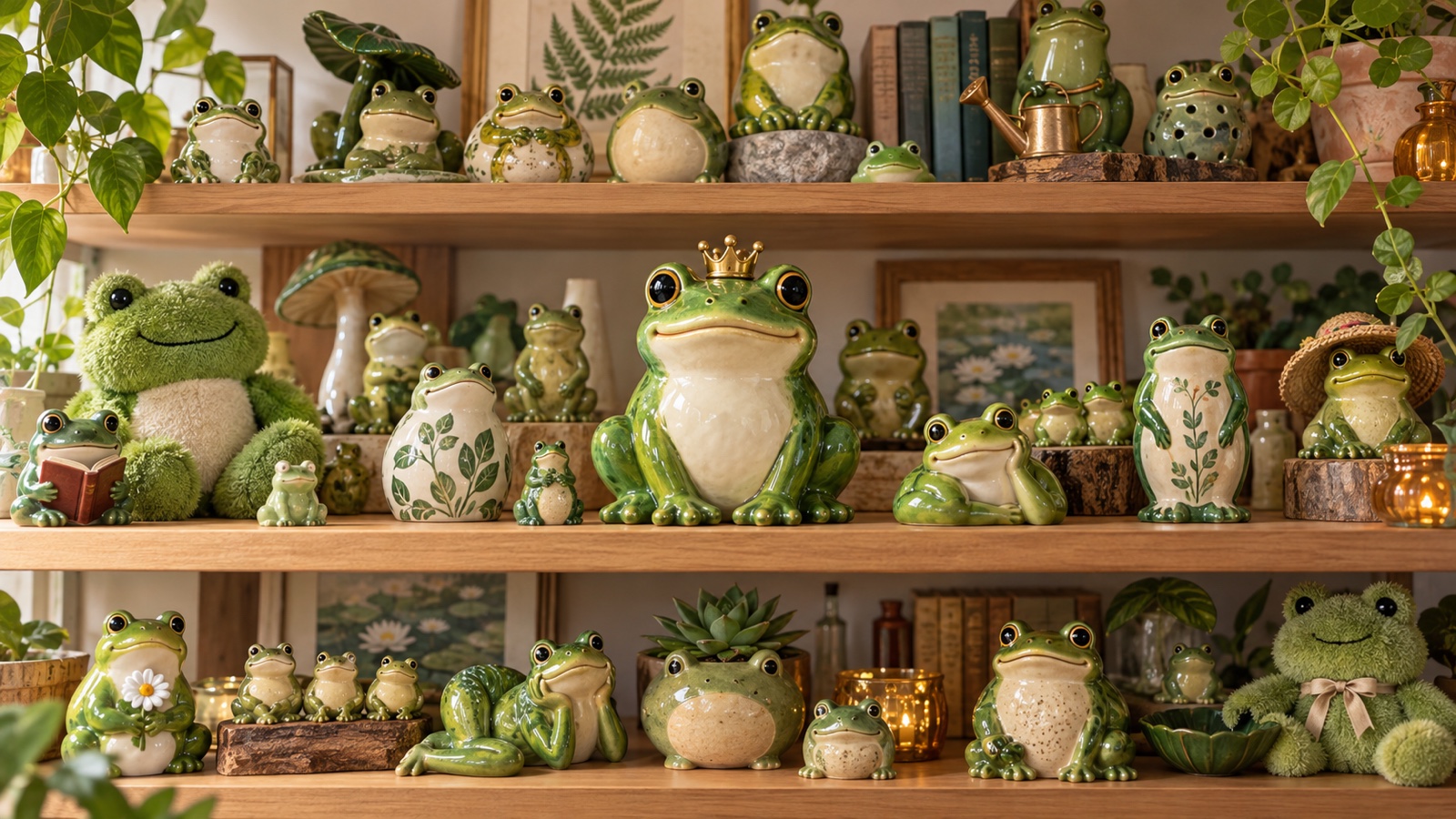 Ilustración editorial de estantes llenos de figuras y recuerdos de ranas