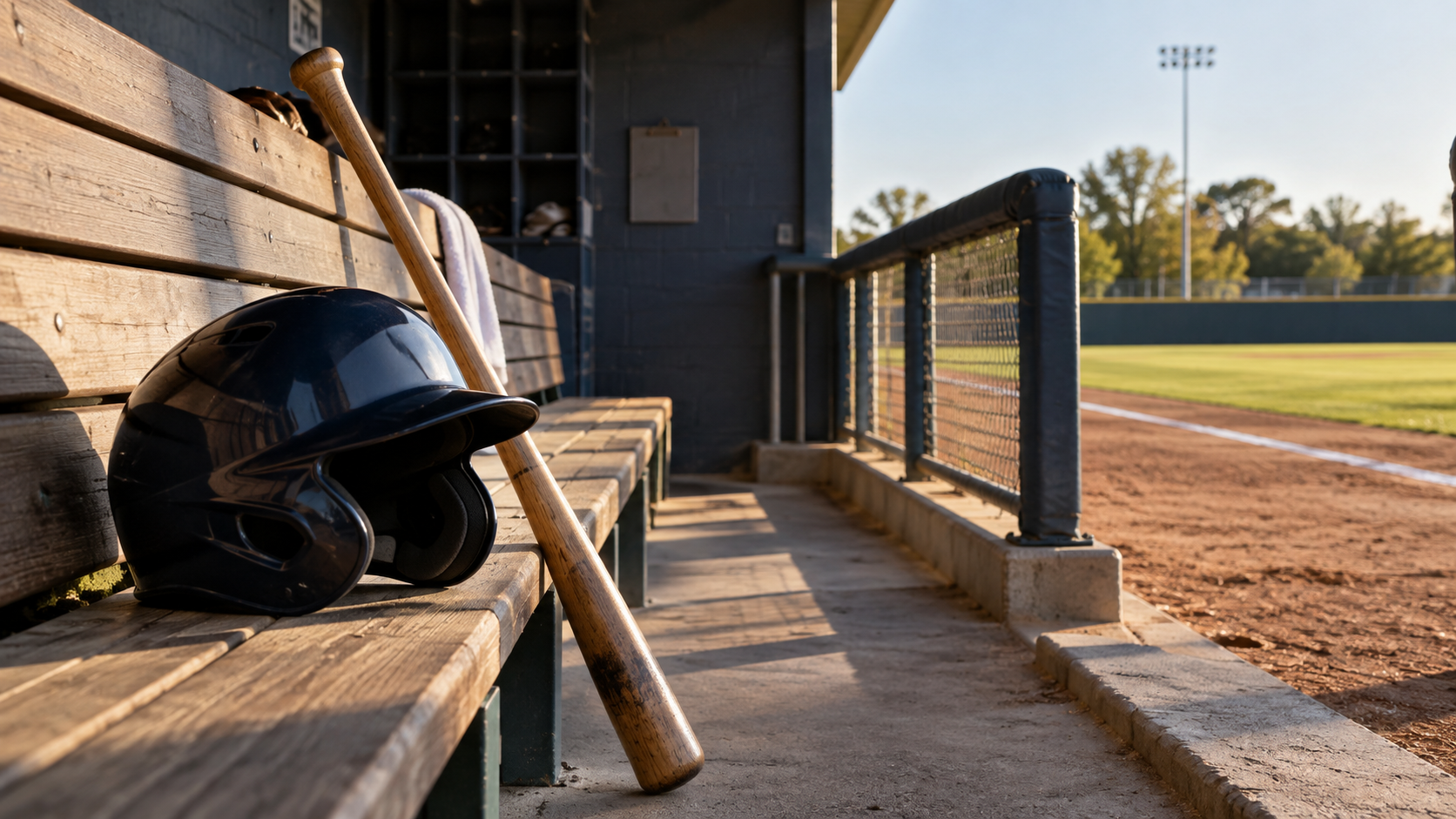 Imagen editorial: dugout de béisbol con bate y casco sin marcas