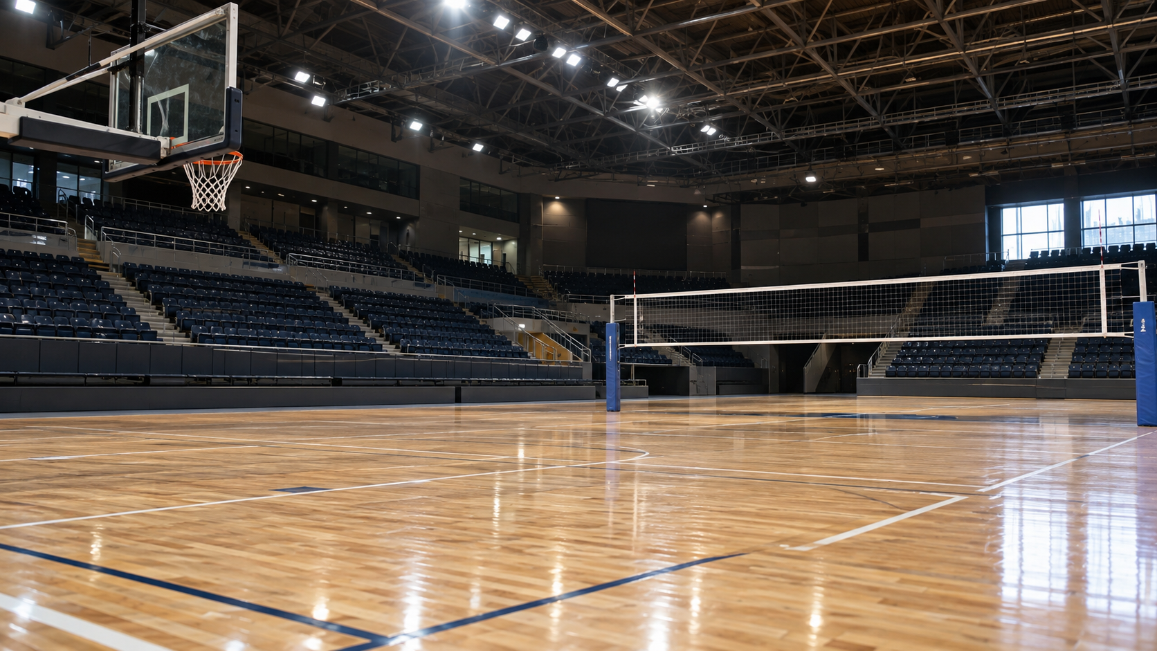 Imagen editorial: arena deportiva cubierta con cancha y red para el recuento deportivo