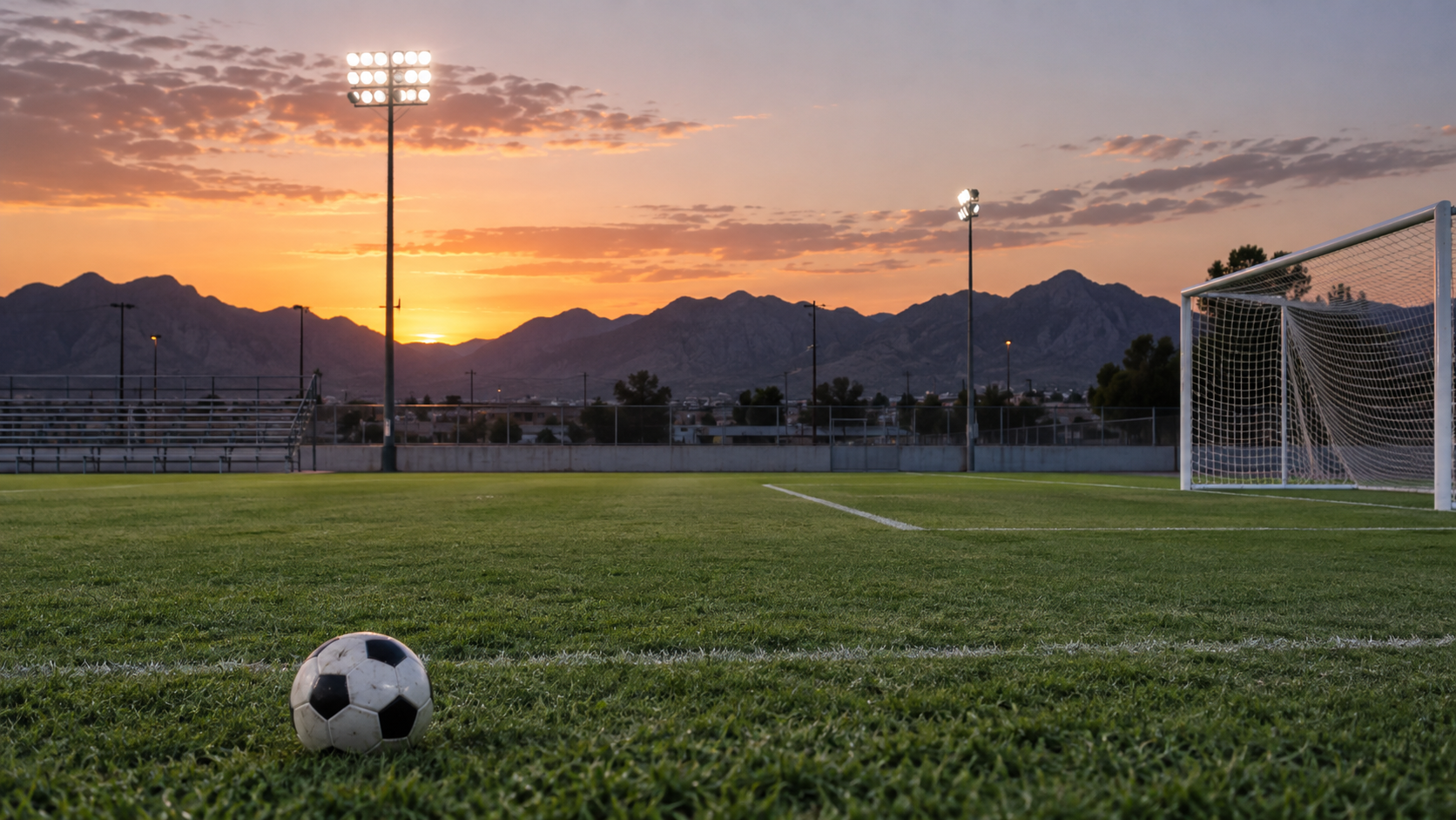 Imagen editorial: cancha de fútbol vacía al atardecer para el recuento deportivo