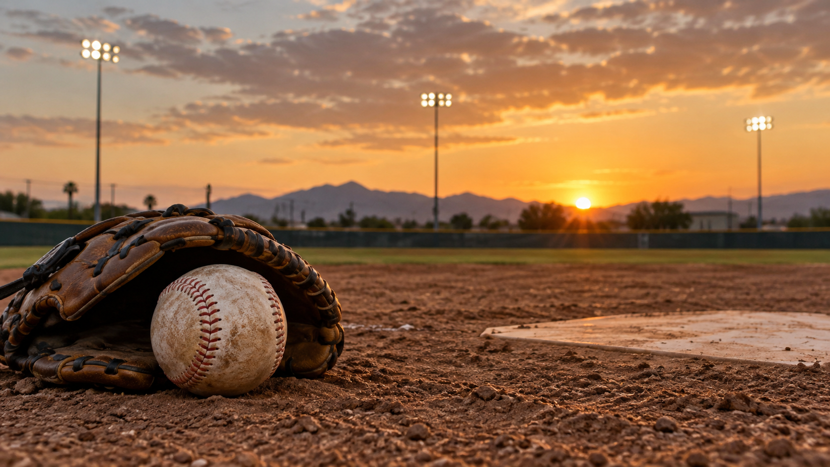Imagen editorial: diamante de béisbol al atardecer para el recuento deportivo