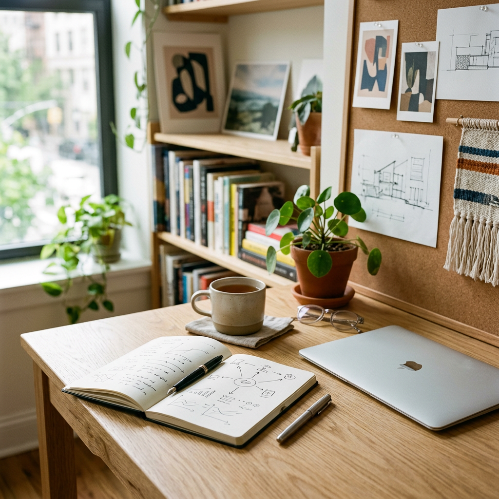 Sunlit home office desk with notebook, coffee, laptop, books, and plants