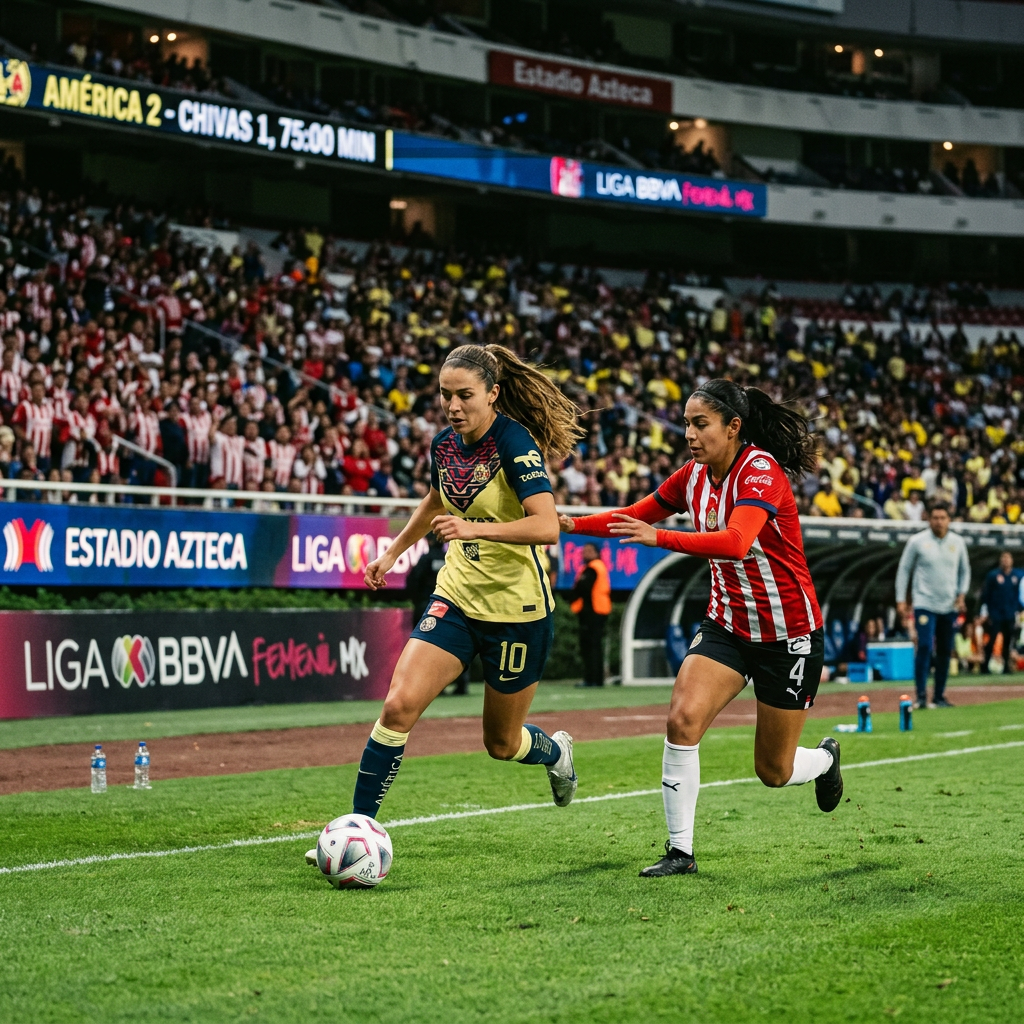 Two women soccer players contest the ball during a Liga MX Femenil match
