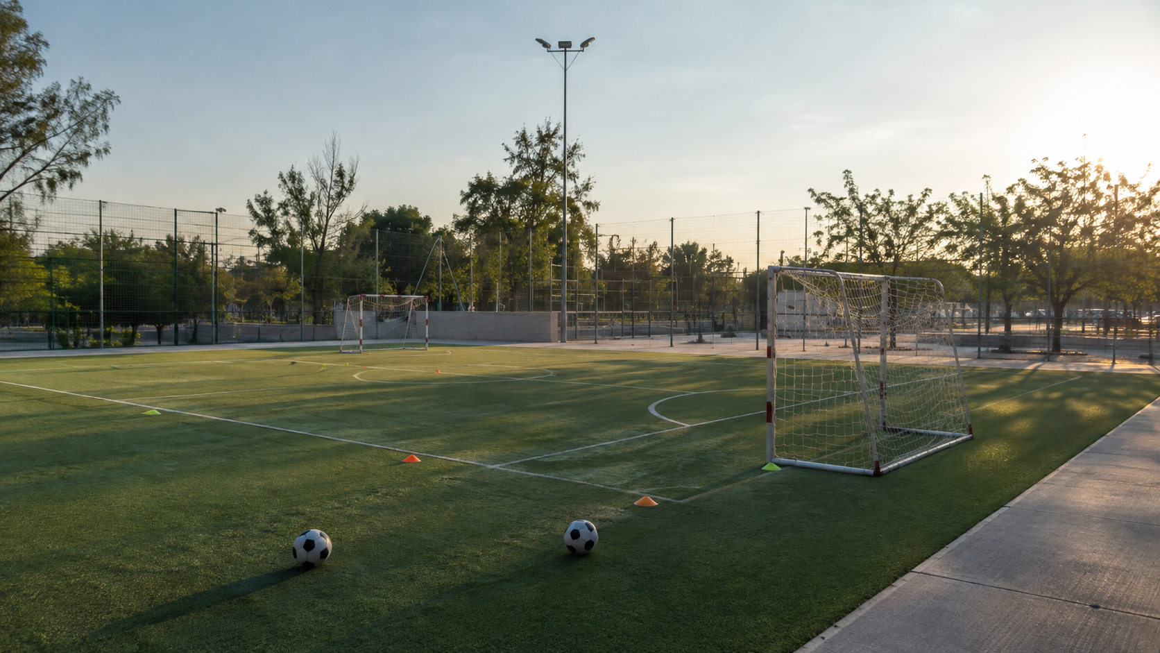 Imagen representativa generada de una cancha de futbol rápido preparada con balones y conos en un parque