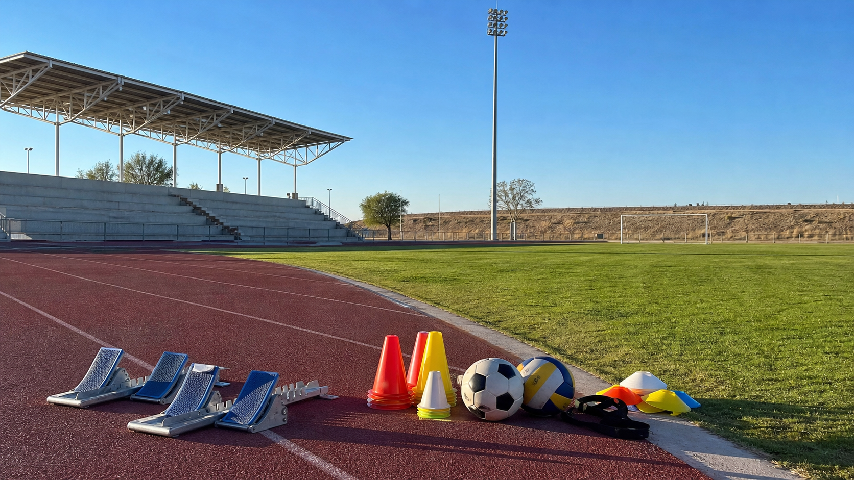 Imagen representativa generada de una instalación deportiva municipal con pista, cancha y equipo de varias disciplinas