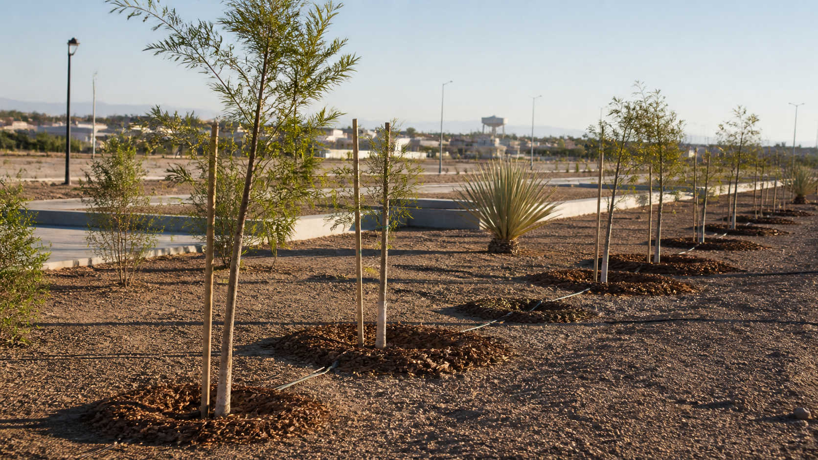 Imagen representativa generada de árboles nativos recién plantados con riego por goteo en una zona árida urbana