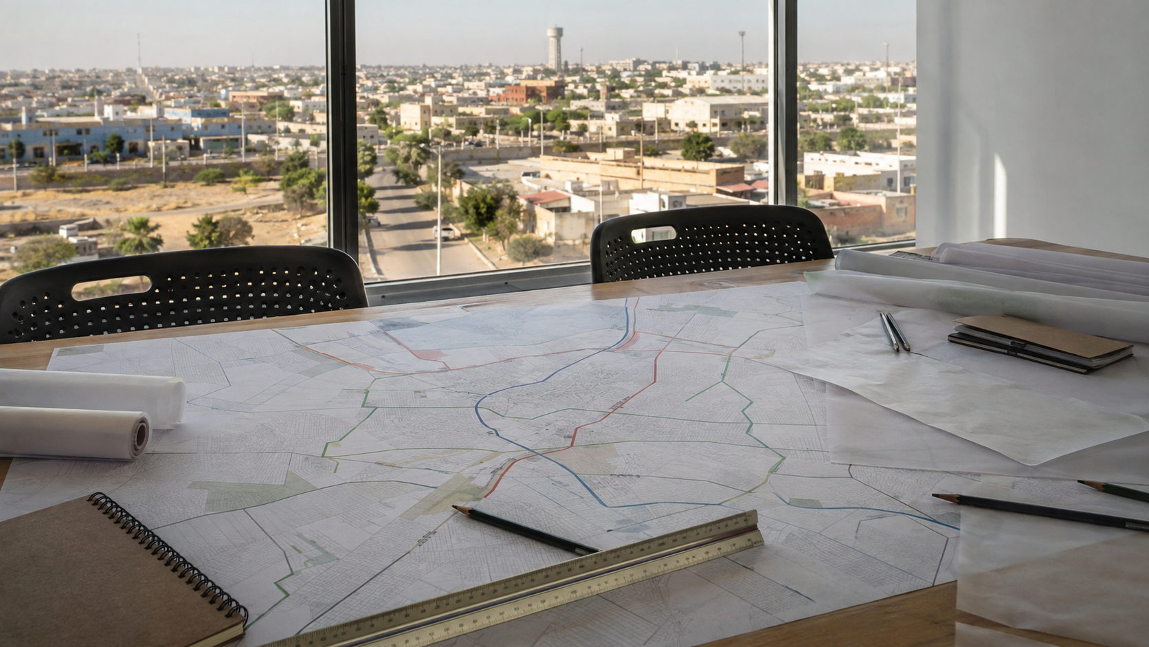 Imagen representativa generada de una mesa de planeación urbana con mapas y rutas para una ciudad del norte de México