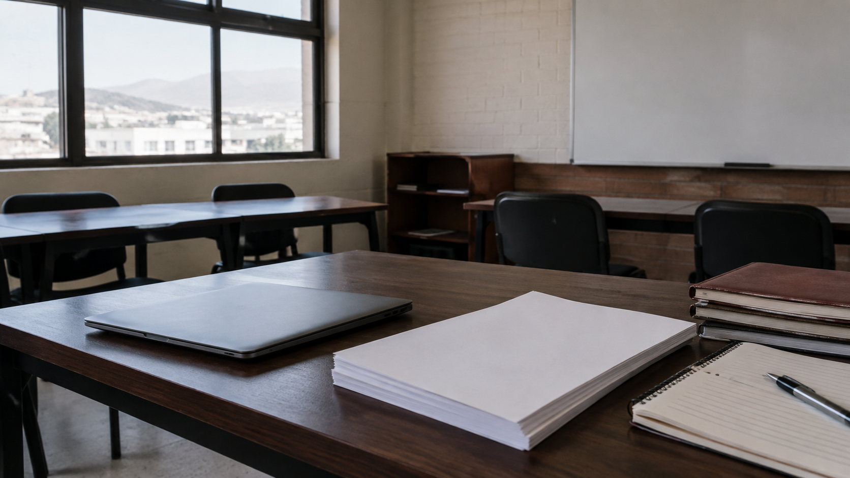 Imagen representativa generada de una mesa de trabajo con documentos en blanco dentro de un aula de Chihuahua