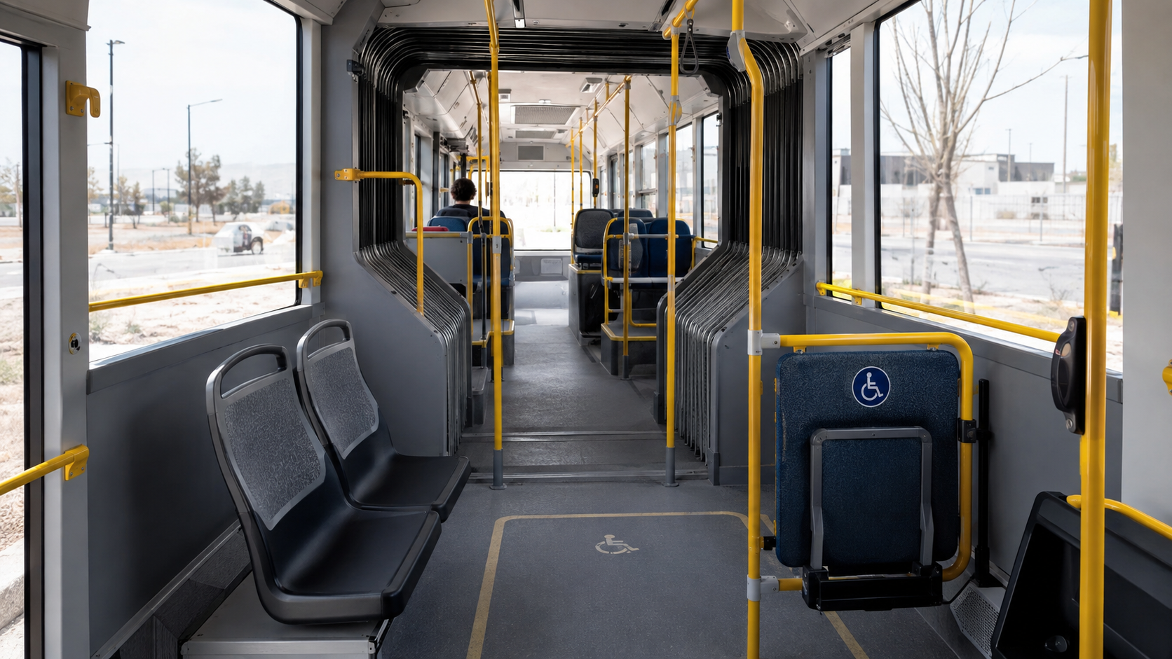 Imagen representativa generada del espacio accesible para silla de ruedas dentro de un autobús urbano moderno