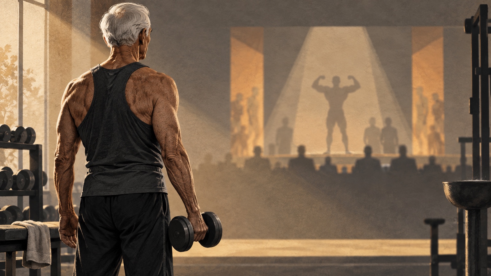 Ilustración editorial de un fisicoculturista adulto mayor en un gimnasio