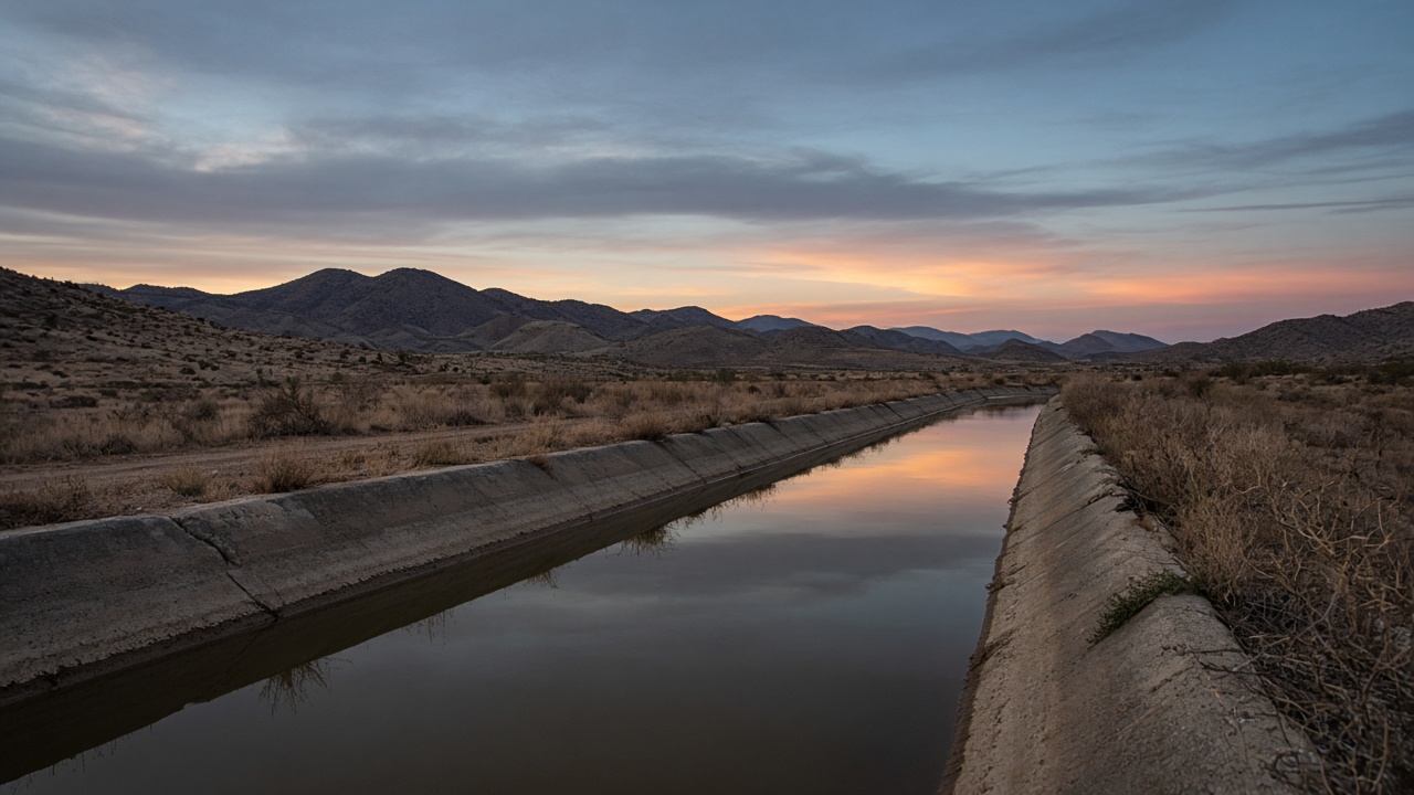 Canal de riego al atardecer en zona rural de Chihuahua. Ilustración editorial; no es del suceso.