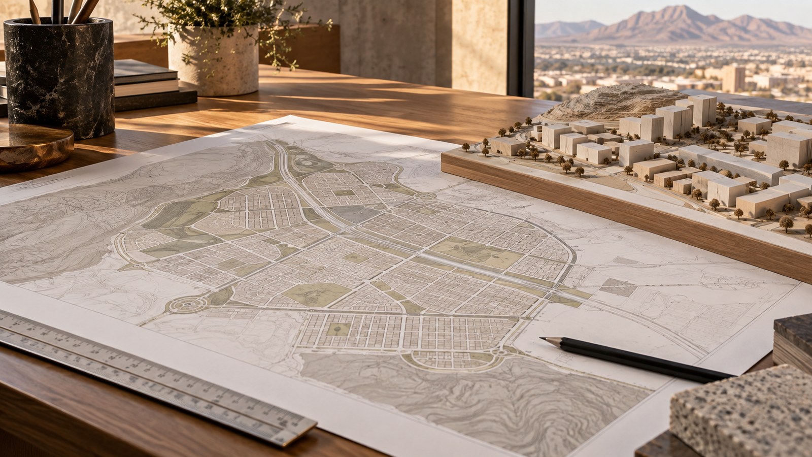 Ilustración editorial de una mesa de planeación urbana con planos y maquetas; imagen generada, no documenta la sesión de Cabildo