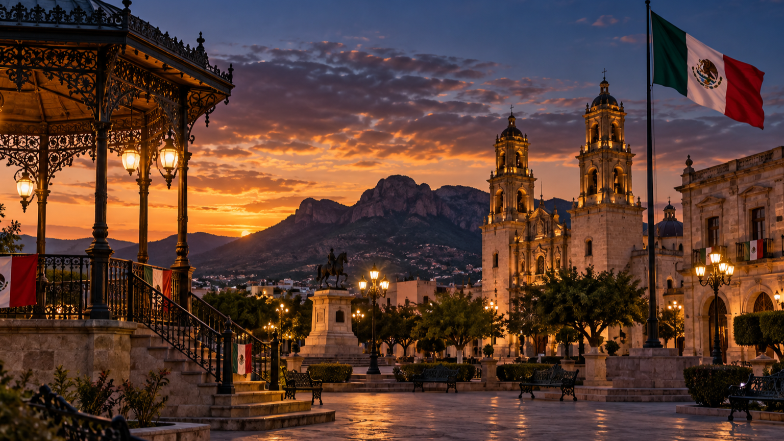 Sensor Político: plaza cívica de Chihuahua con banderas mexicanas al atardecer